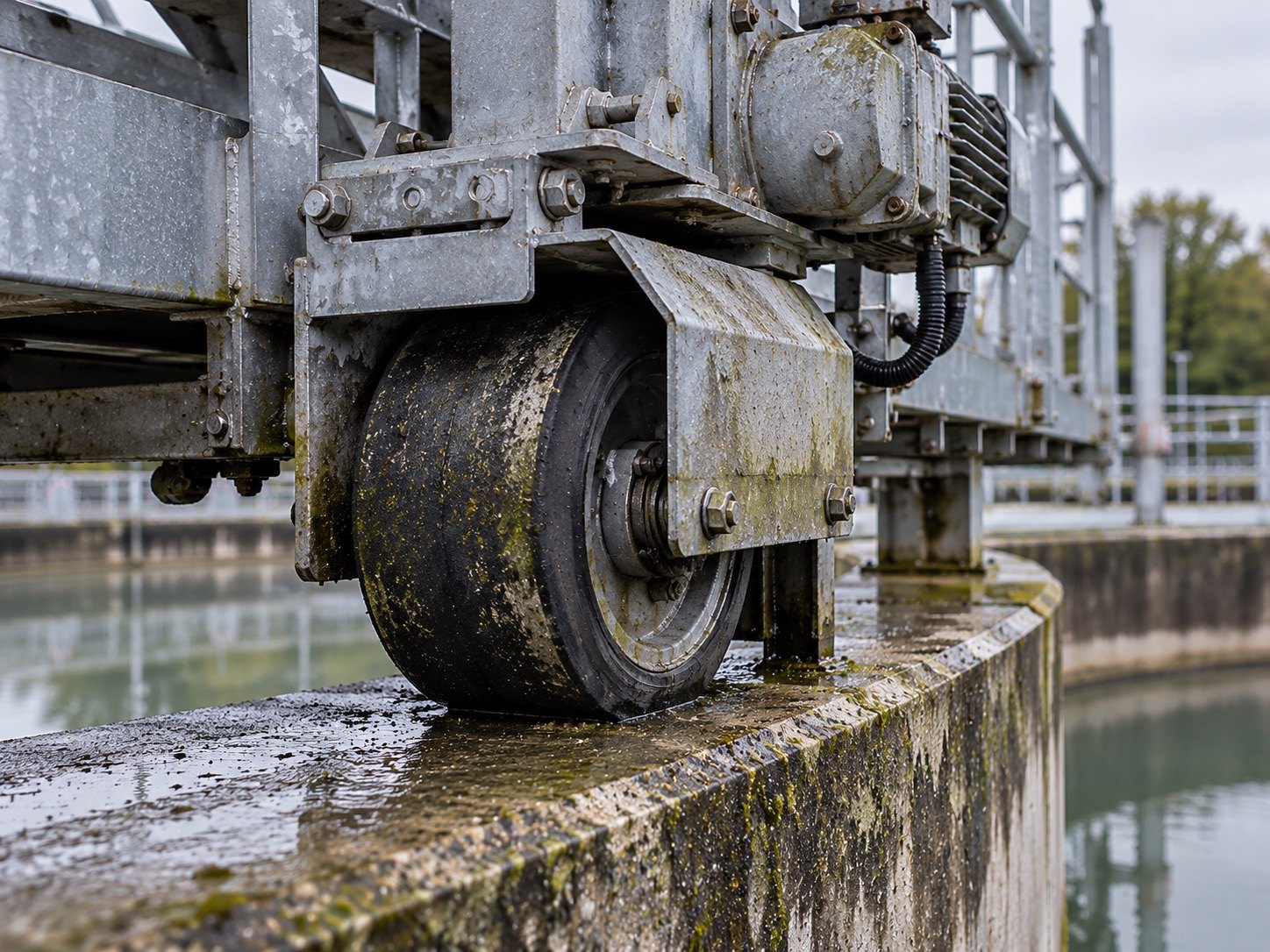 Scraper bridge drive wheel on the tank wall