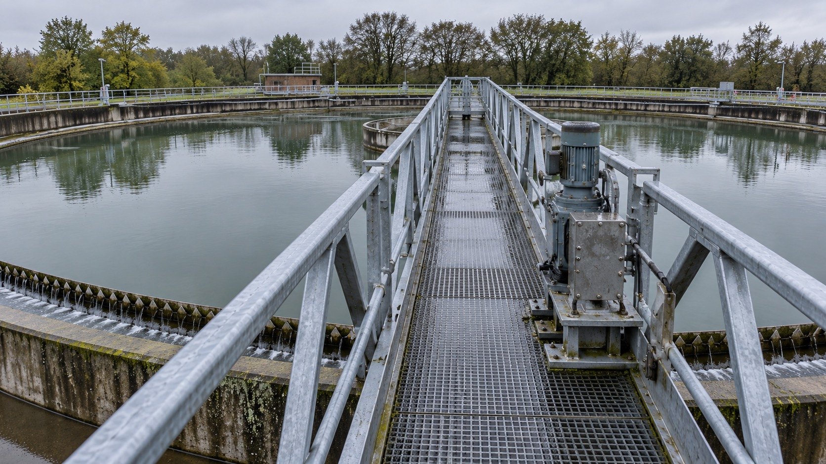 Along the bridge of a settlement tank